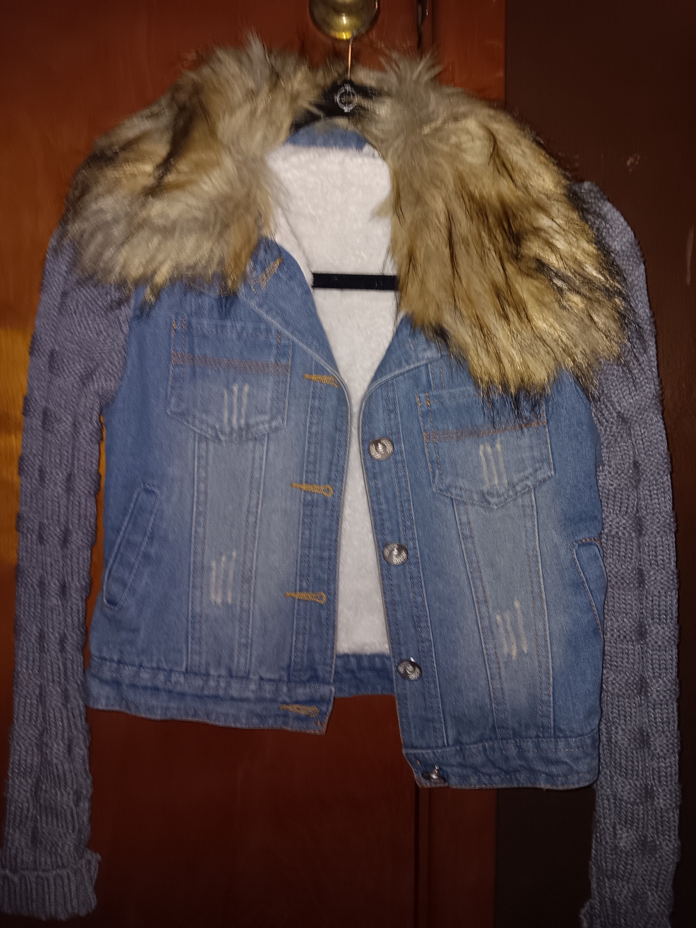 Denim Jacket with Faux Fur Collar and Knit Sleeves - Blue